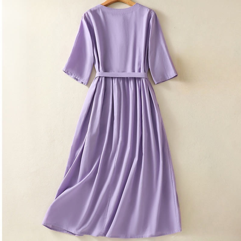 Buddha Stones Summer Orchid Embroidery Lace-Up V-Neck Half Sleeve Cotton Linen Midi Dress With Pockets