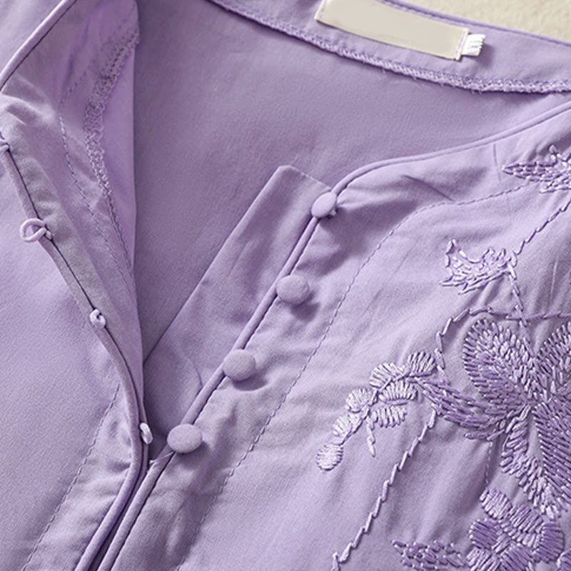 Buddha Stones Summer Orchid Embroidery Lace-Up V-Neck Half Sleeve Cotton Linen Midi Dress With Pockets