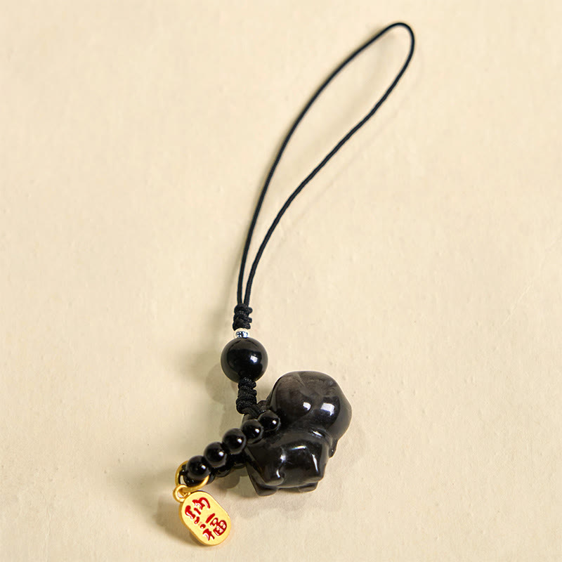 Buddha Stone Silver Sheen Obsidian Puppy Dog Fu Character Protection Necklace Phone Hanging Decoration