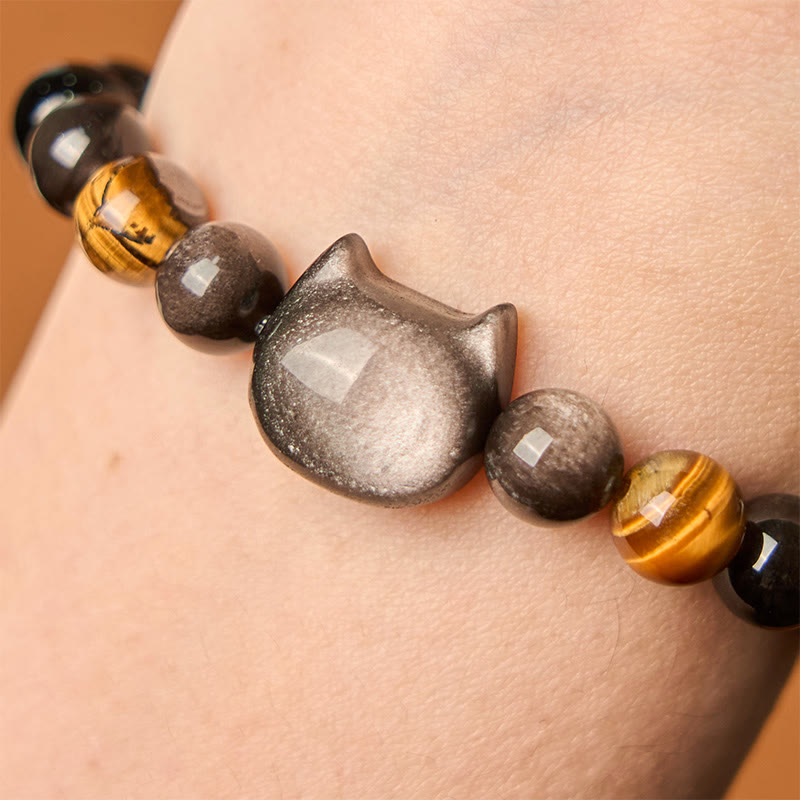 Buddha Stones Natural Silver Sheen Obsidian Beads Cute Cat Soothing Bracelet