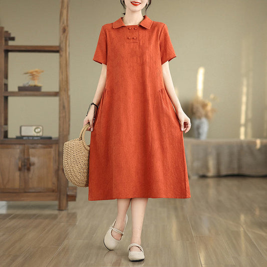 Buddha Stones Plain Jacquard Design Short Sleeve Cotton Linen Midi Dress With Pockets