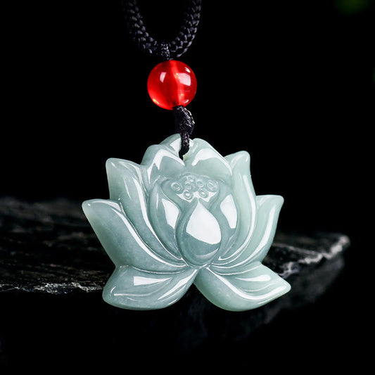 Buddha Stones Lotus Flower Pattern Carved Jade Prosperity Necklace Pendant