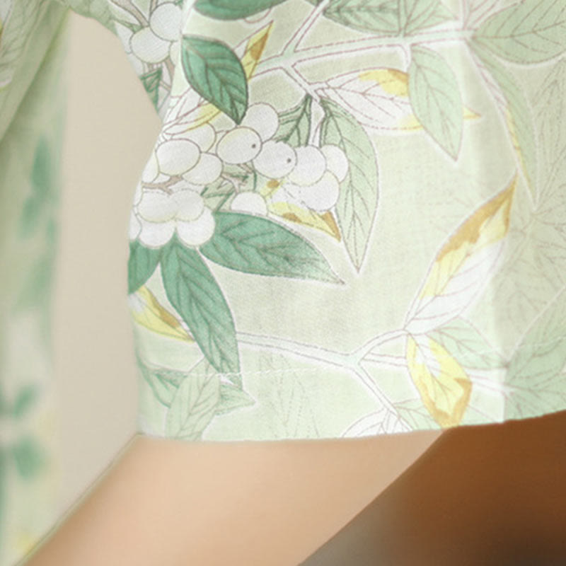 Buddha Stones Floral Jacquard Cotton Linen Chinese Cheongsam Qipao Half Sleeve Midi Dress With Pockets