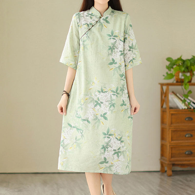Buddha Stones Floral Jacquard Cotton Linen Chinese Cheongsam Qipao Half Sleeve Midi Dress With Pockets
