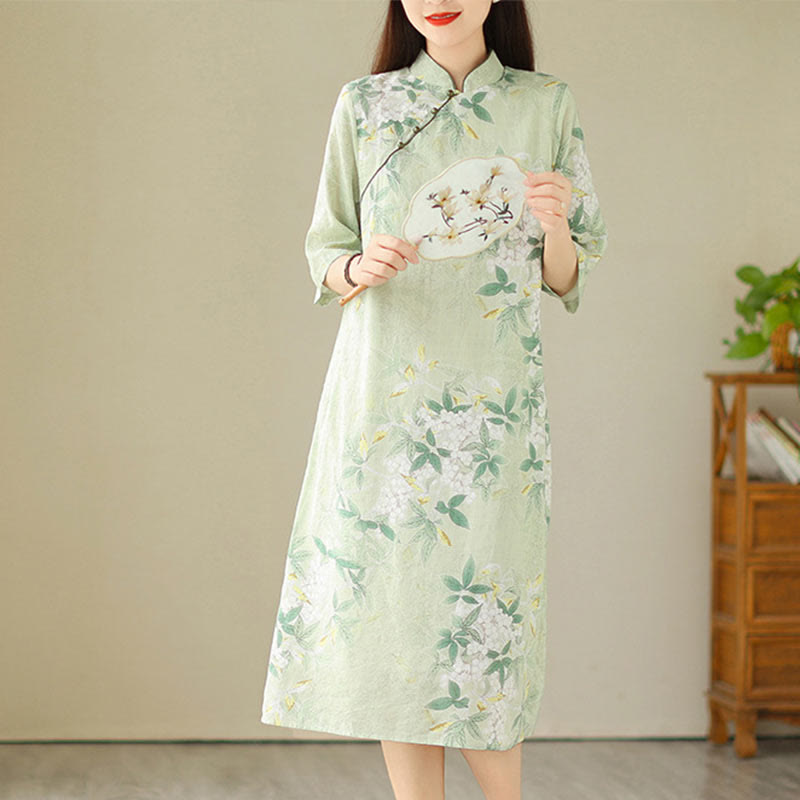 Buddha Stones Floral Jacquard Cotton Linen Chinese Cheongsam Qipao Half Sleeve Midi Dress With Pockets