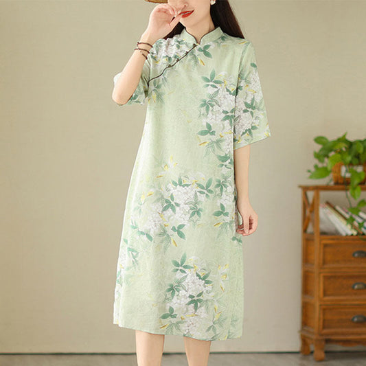 Buddha Stones Floral Jacquard Cotton Linen Chinese Cheongsam Qipao Half Sleeve Midi Dress With Pockets