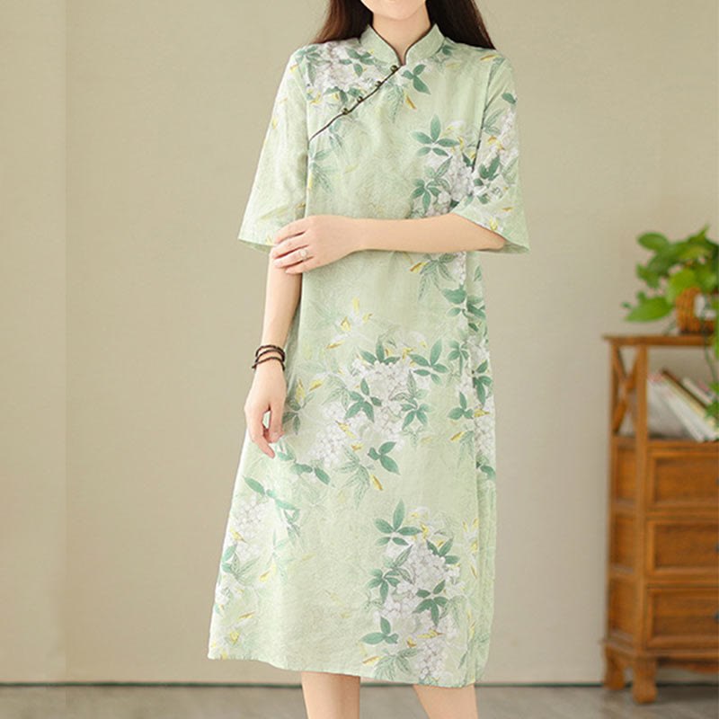 Buddha Stones Floral Jacquard Cotton Linen Chinese Cheongsam Qipao Half Sleeve Midi Dress With Pockets