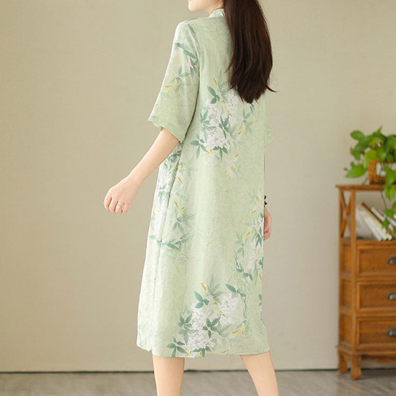 Buddha Stones Floral Jacquard Cotton Linen Chinese Cheongsam Qipao Half Sleeve Midi Dress With Pockets