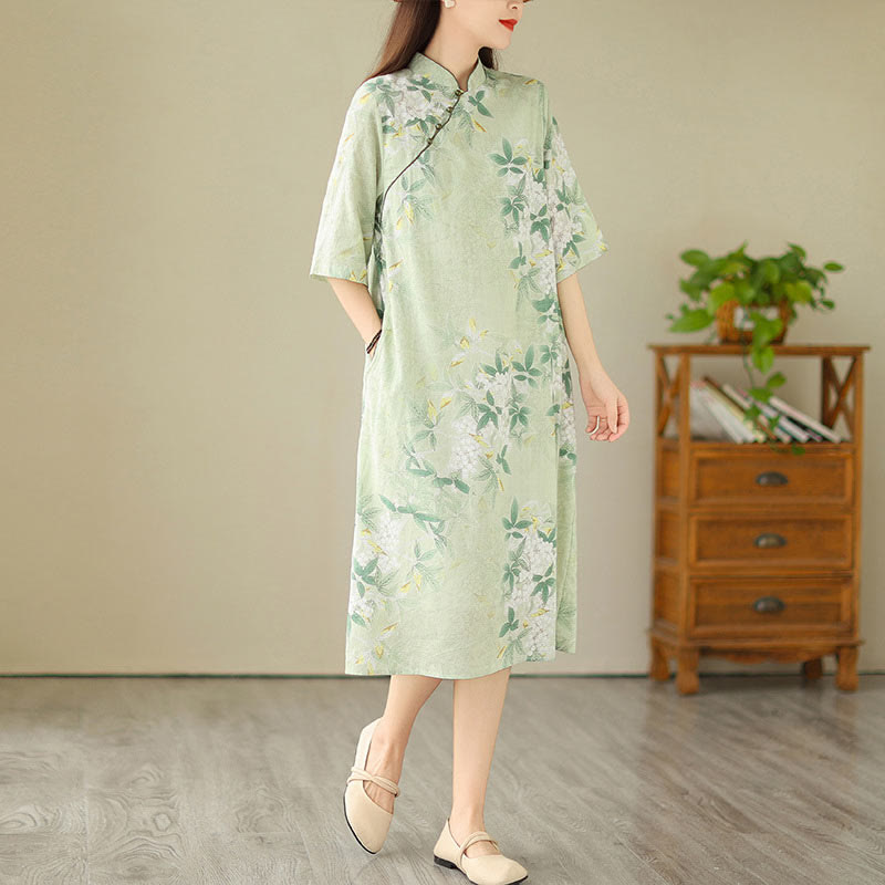 Buddha Stones Floral Jacquard Cotton Linen Chinese Cheongsam Qipao Half Sleeve Midi Dress With Pockets