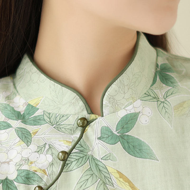 Buddha Stones Floral Jacquard Cotton Linen Chinese Cheongsam Qipao Half Sleeve Midi Dress With Pockets
