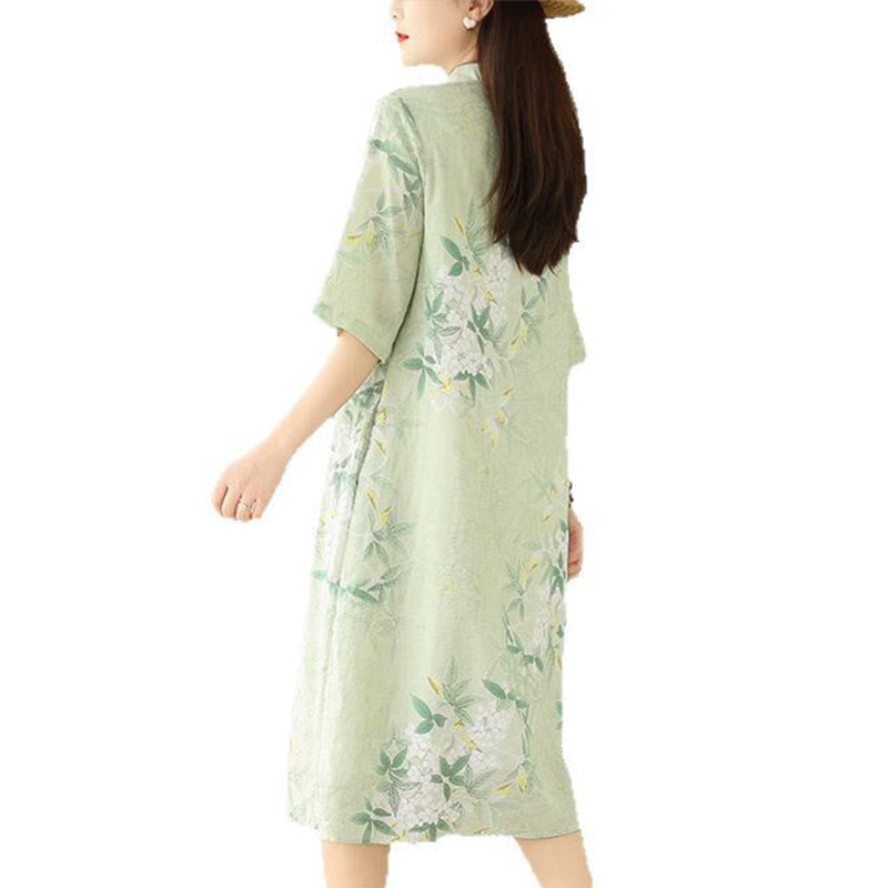 Buddha Stones Floral Jacquard Cotton Linen Chinese Cheongsam Qipao Half Sleeve Midi Dress With Pockets