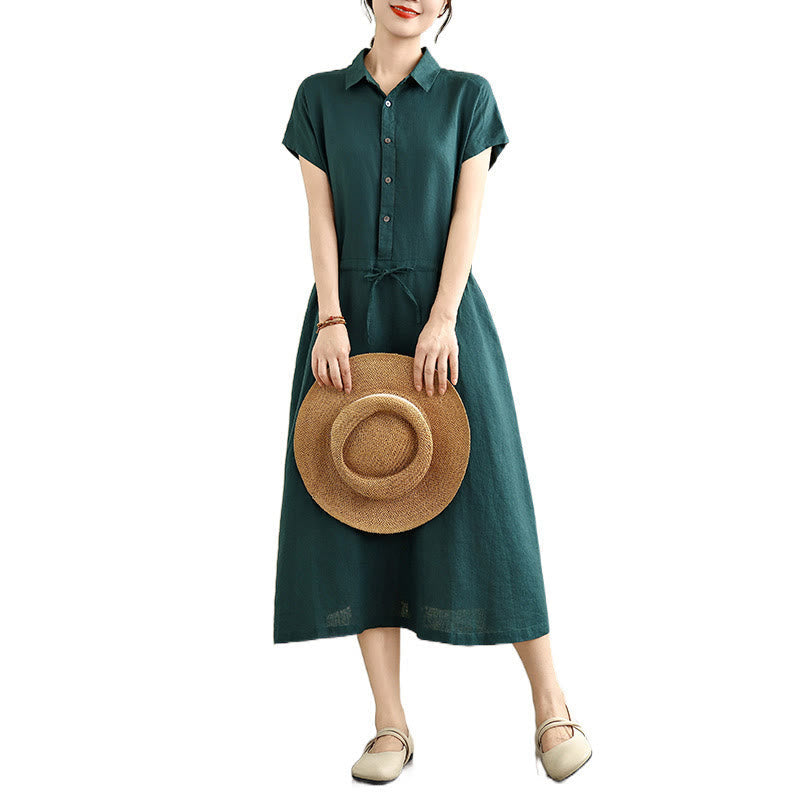 Buddha Stones Summer Plain Short Sleeve Drawstring Cotton Linen Midi Dress With Pockets