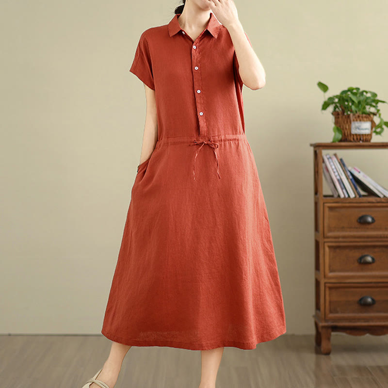 Buddha Stones Summer Plain Short Sleeve Drawstring Cotton Linen Midi Dress With Pockets
