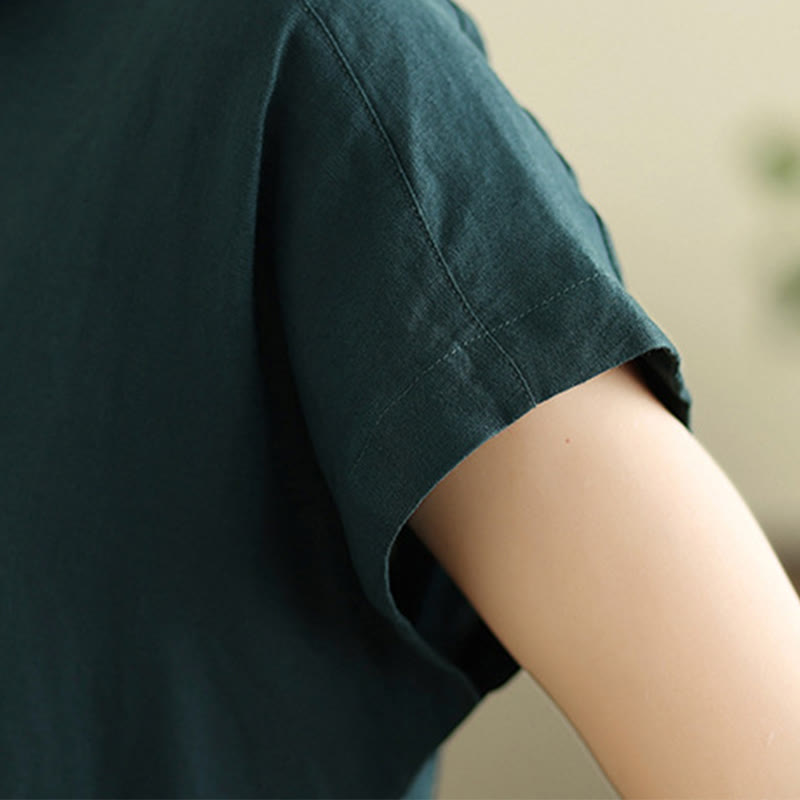 Buddha Stones Summer Plain Short Sleeve Drawstring Cotton Linen Midi Dress With Pockets