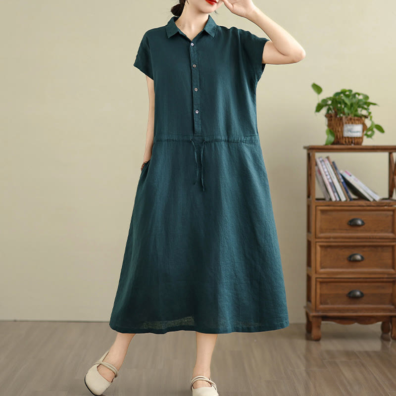 Buddha Stones Summer Plain Short Sleeve Drawstring Cotton Linen Midi Dress With Pockets