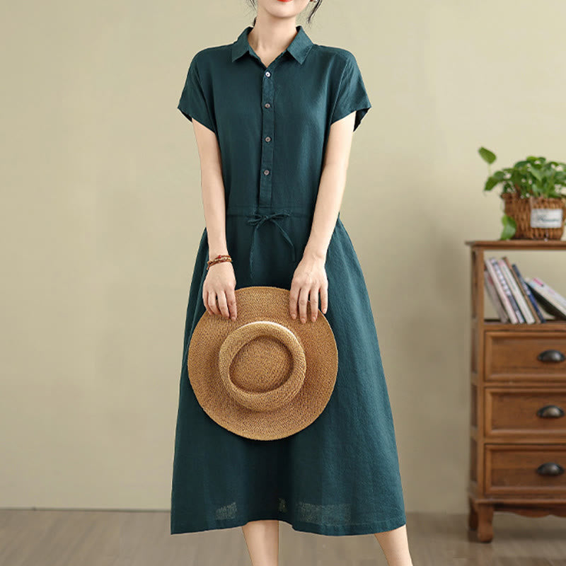 Buddha Stones Summer Plain Short Sleeve Drawstring Cotton Linen Midi Dress With Pockets