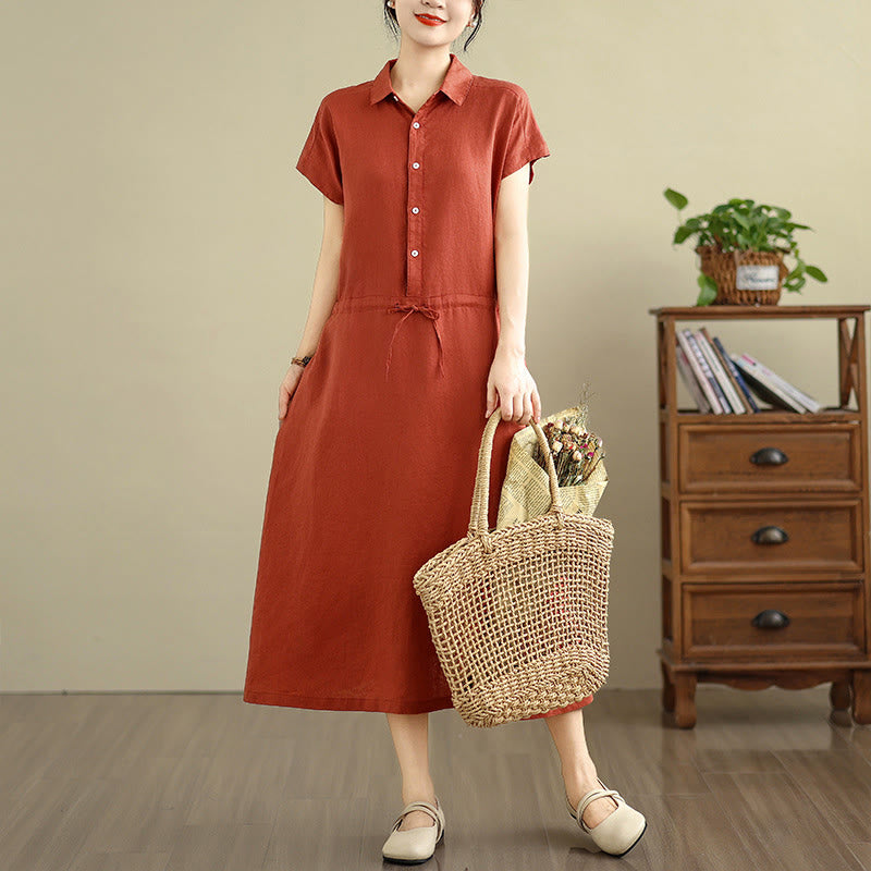 Buddha Stones Summer Plain Short Sleeve Drawstring Cotton Linen Midi Dress With Pockets