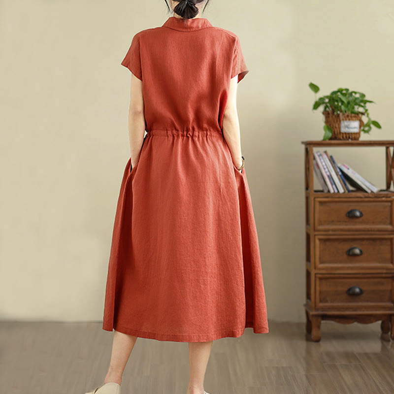 Buddha Stones Summer Plain Short Sleeve Drawstring Cotton Linen Midi Dress With Pockets