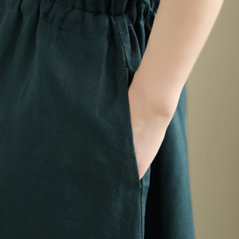 Buddha Stones Summer Plain Short Sleeve Drawstring Cotton Linen Midi Dress With Pockets