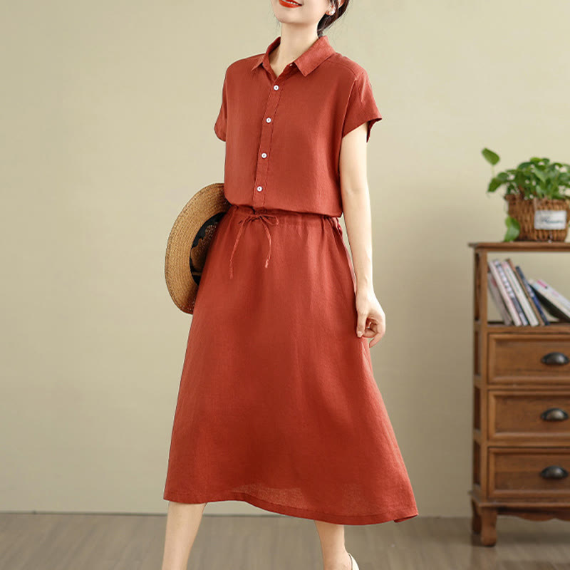 Buddha Stones Summer Plain Short Sleeve Drawstring Cotton Linen Midi Dress With Pockets
