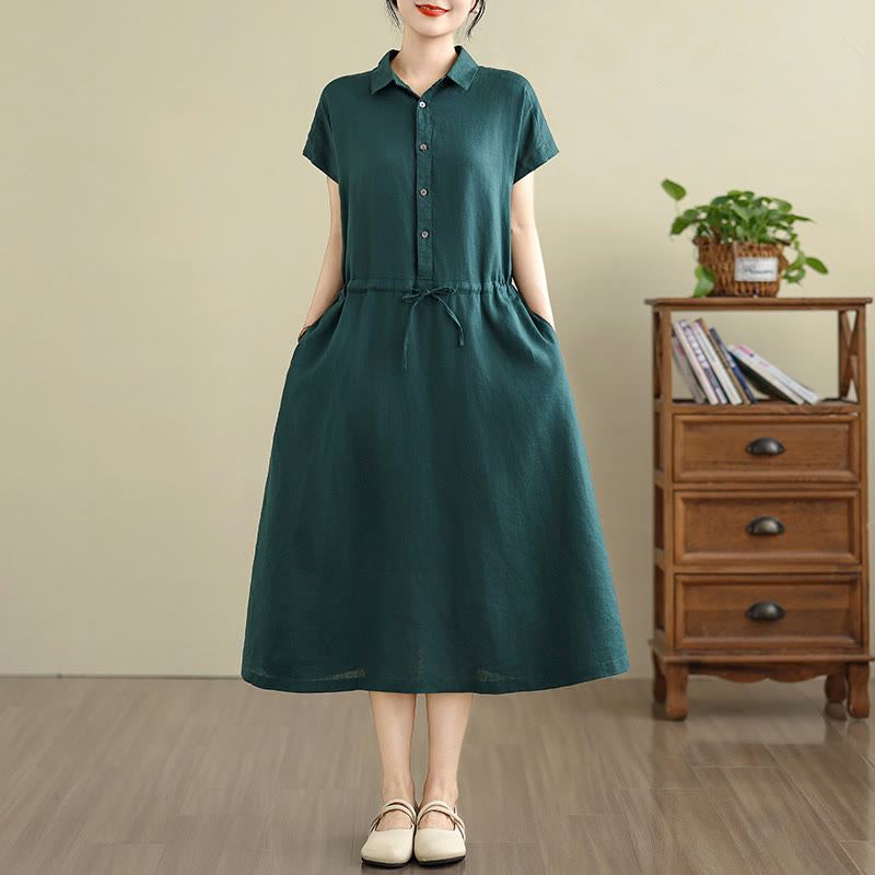 Buddha Stones Summer Plain Short Sleeve Drawstring Cotton Linen Midi Dress With Pockets