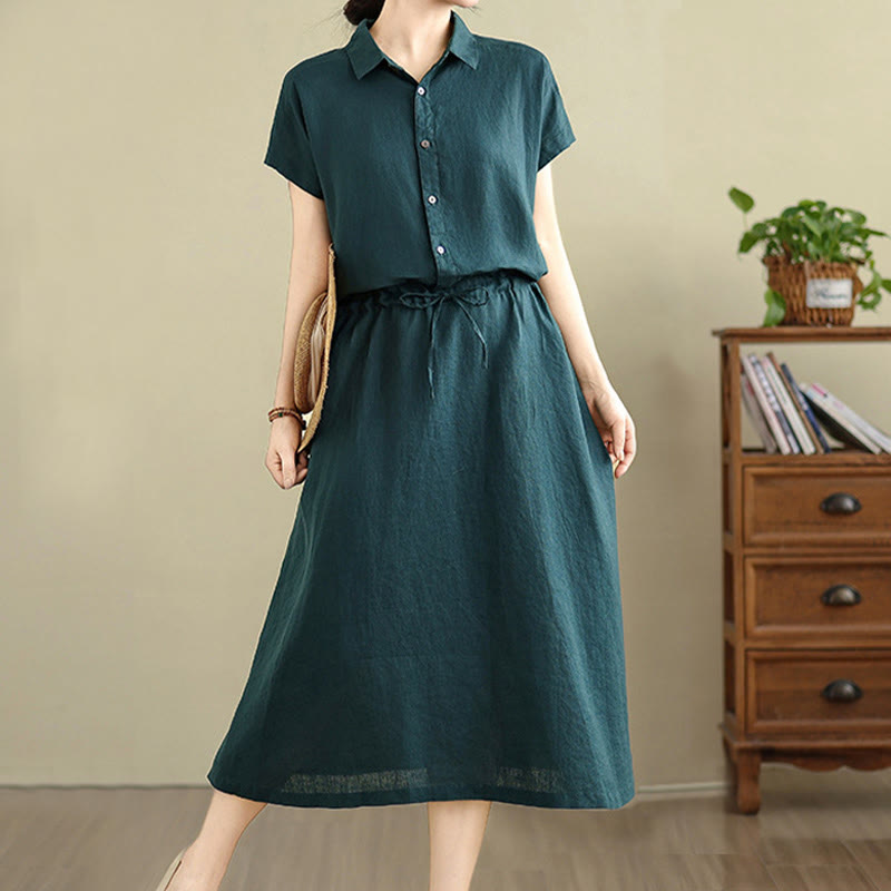 Buddha Stones Summer Plain Short Sleeve Drawstring Cotton Linen Midi Dress With Pockets