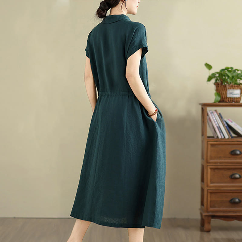 Buddha Stones Summer Plain Short Sleeve Drawstring Cotton Linen Midi Dress With Pockets