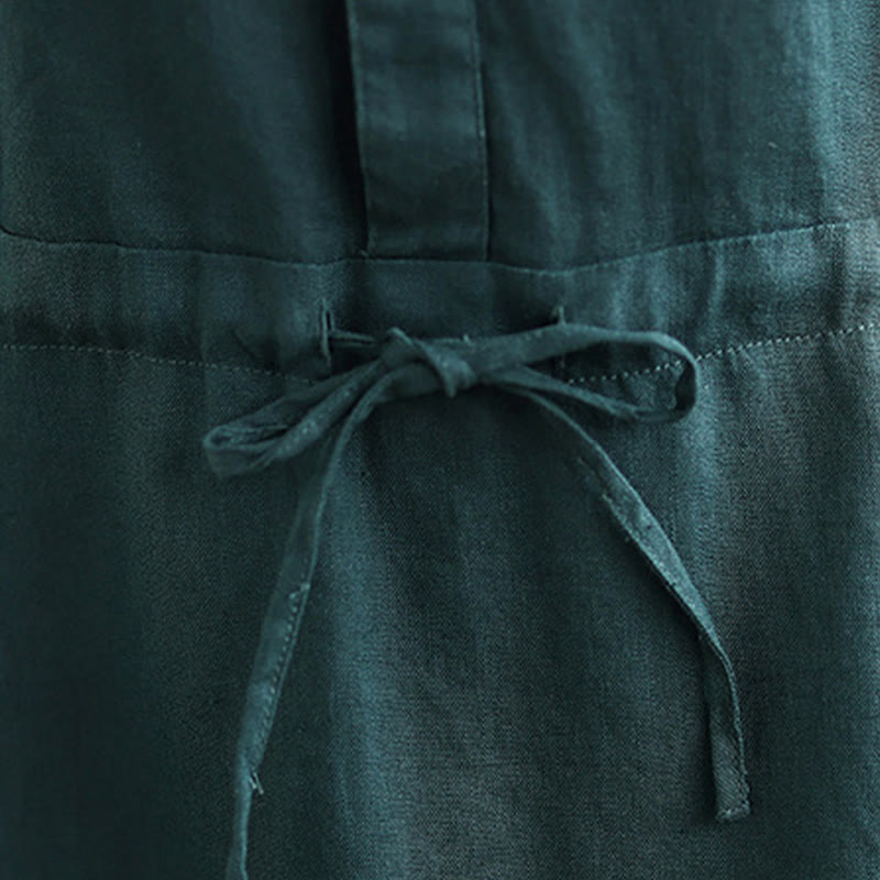 Buddha Stones Summer Plain Short Sleeve Drawstring Cotton Linen Midi Dress With Pockets