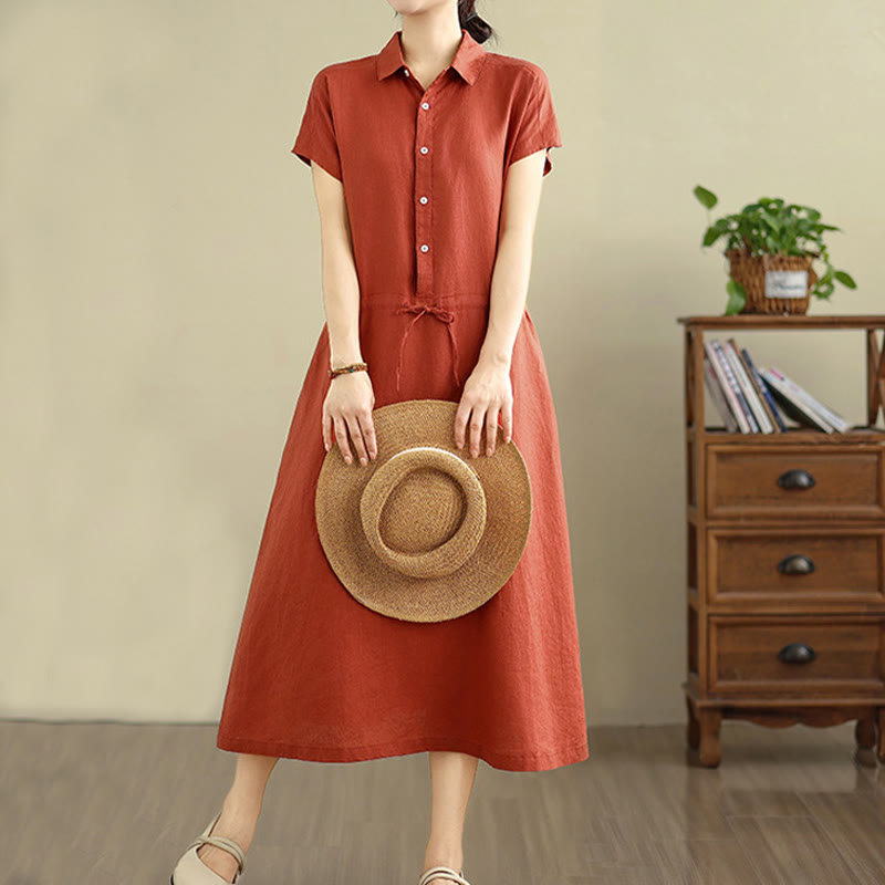 Buddha Stones Summer Plain Short Sleeve Drawstring Cotton Linen Midi Dress With Pockets