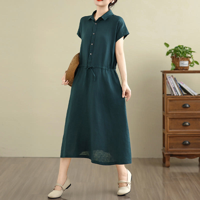 Buddha Stones Summer Plain Short Sleeve Drawstring Cotton Linen Midi Dress With Pockets