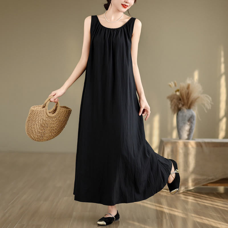 Buddha Stones Summer Casual Plain Pleated Design Sleeveless Crew Neck Cotton Midi Dress With Pockets