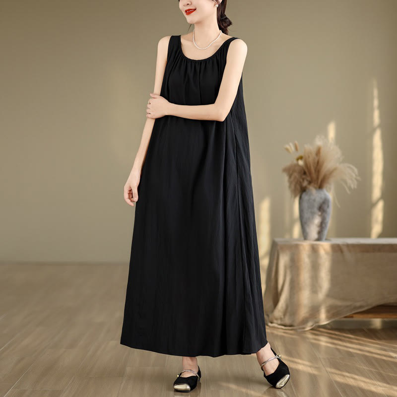 Buddha Stones Summer Casual Plain Pleated Design Sleeveless Crew Neck Cotton Midi Dress With Pockets