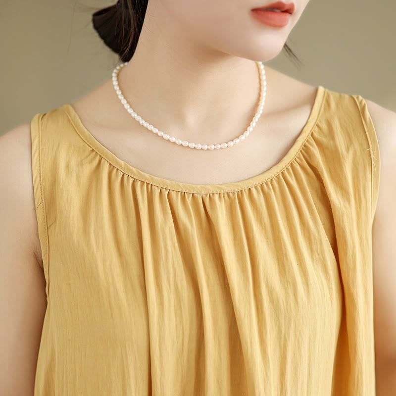 Buddha Stones Summer Casual Plain Pleated Design Sleeveless Crew Neck Cotton Midi Dress With Pockets