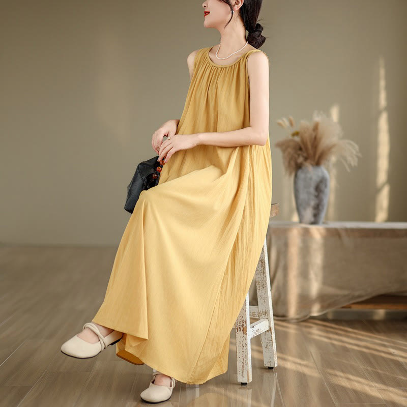 Buddha Stones Summer Casual Plain Pleated Design Sleeveless Crew Neck Cotton Midi Dress With Pockets