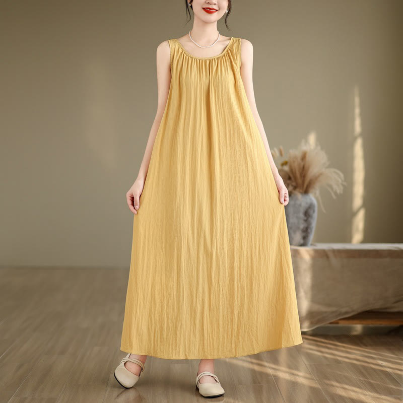 Buddha Stones Summer Casual Plain Pleated Design Sleeveless Crew Neck Cotton Midi Dress With Pockets