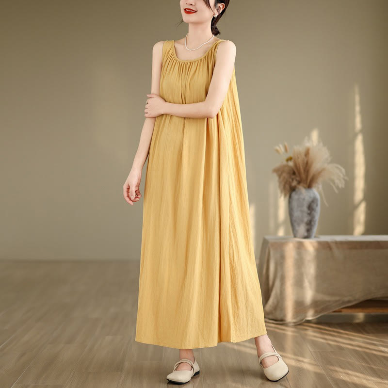 Buddha Stones Summer Casual Plain Pleated Design Sleeveless Crew Neck Cotton Midi Dress With Pockets