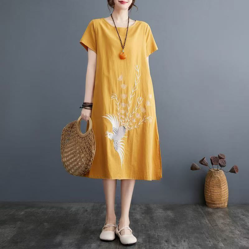 Buddha Stones Summer Printing Phoenix Pattern Short Sleeve Cotton Linen Midi Dress