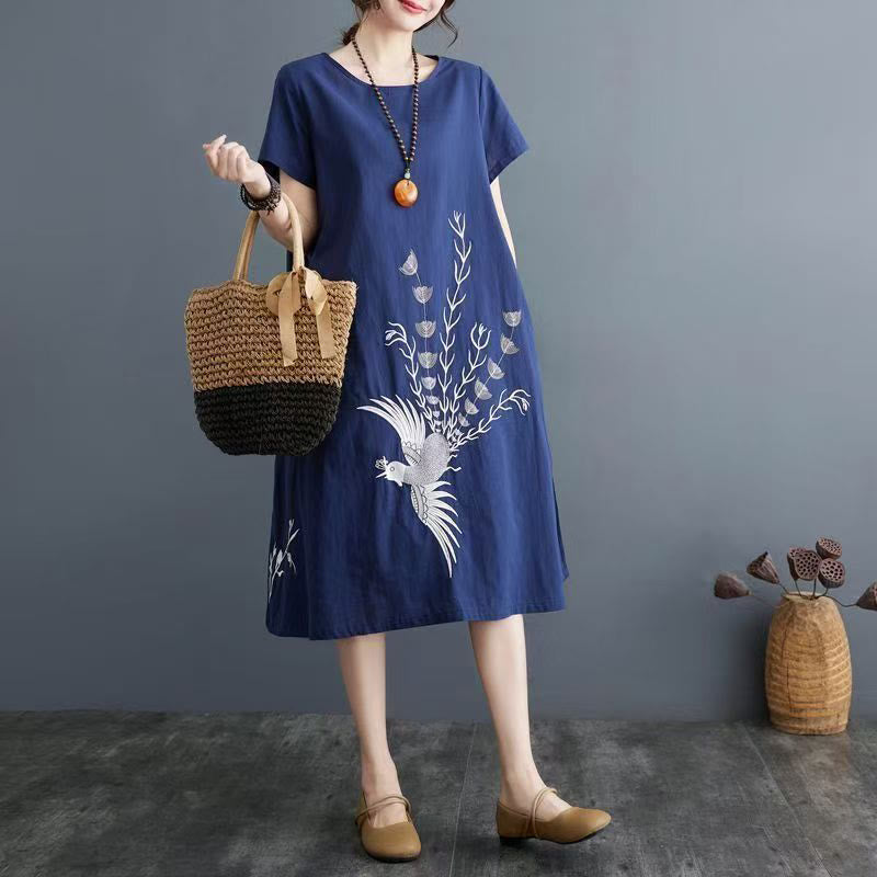 Buddha Stones Summer Printing Phoenix Pattern Short Sleeve Cotton Linen Midi Dress