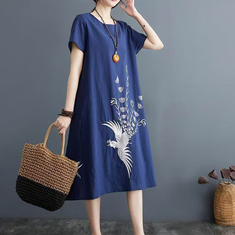 Buddha Stones Summer Printing Phoenix Pattern Short Sleeve Cotton Linen Midi Dress