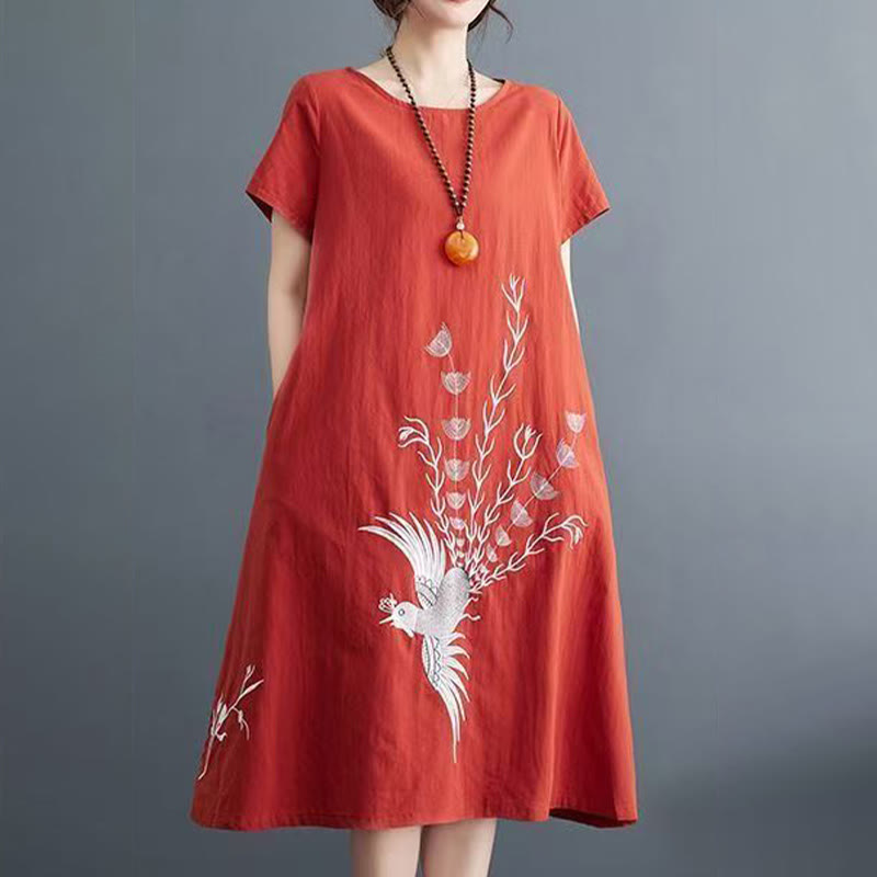 Buddha Stones Summer Printing Phoenix Pattern Short Sleeve Cotton Linen Midi Dress