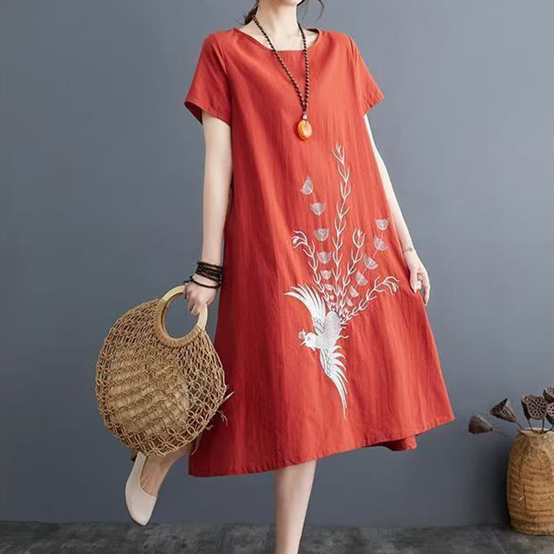 Buddha Stones Summer Printing Phoenix Pattern Short Sleeve Cotton Linen Midi Dress