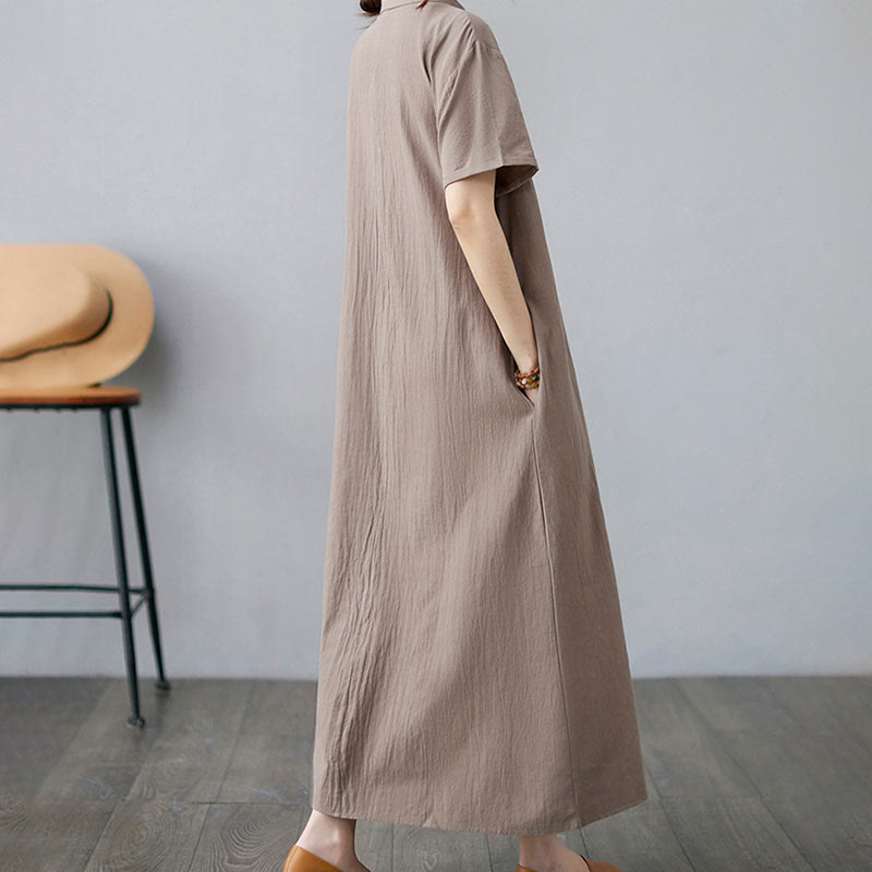 Buddha Stones Casual Plain Side Lace-Up Lapel Short Sleeve Cotton Linen Midi Dress With Pockets