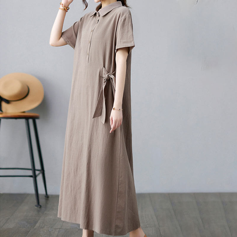 Buddha Stones Casual Plain Side Lace-Up Lapel Short Sleeve Cotton Linen Midi Dress With Pockets