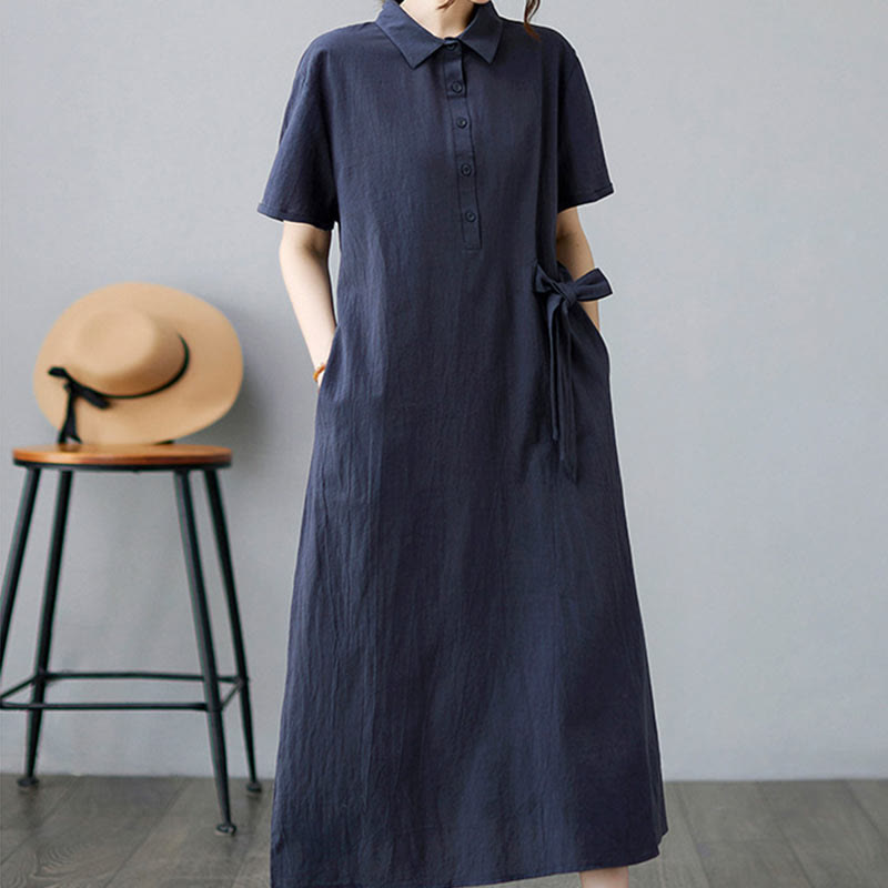 Buddha Stones Casual Plain Side Lace-Up Lapel Short Sleeve Cotton Linen Midi Dress With Pockets
