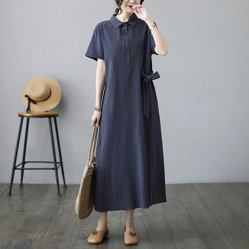 Buddha Stones Casual Plain Side Lace-Up Lapel Short Sleeve Cotton Linen Midi Dress With Pockets