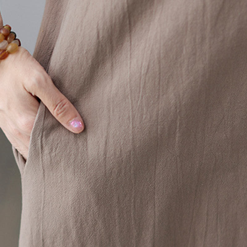 Buddha Stones Casual Plain Side Lace-Up Lapel Short Sleeve Cotton Linen Midi Dress With Pockets