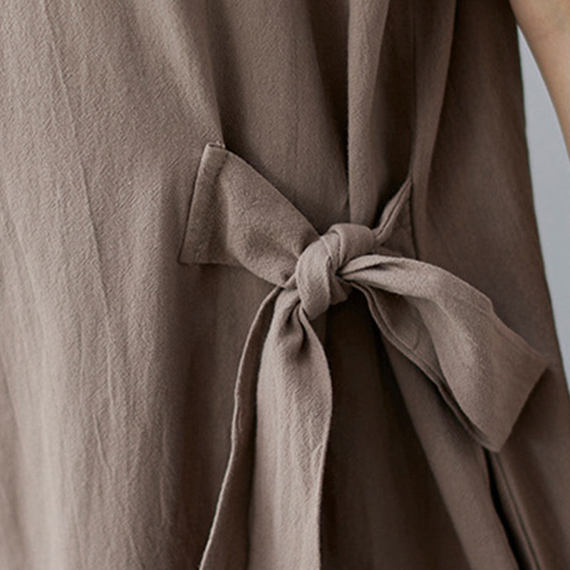Buddha Stones Casual Plain Side Lace-Up Lapel Short Sleeve Cotton Linen Midi Dress With Pockets