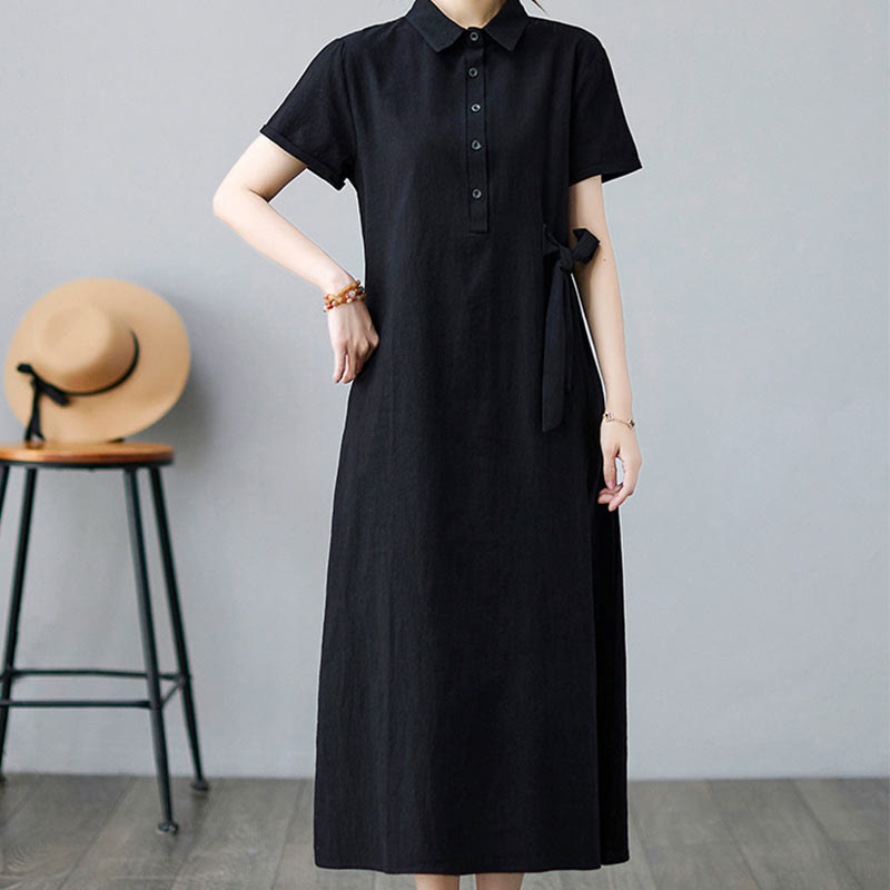 Buddha Stones Casual Plain Side Lace-Up Lapel Short Sleeve Cotton Linen Midi Dress With Pockets