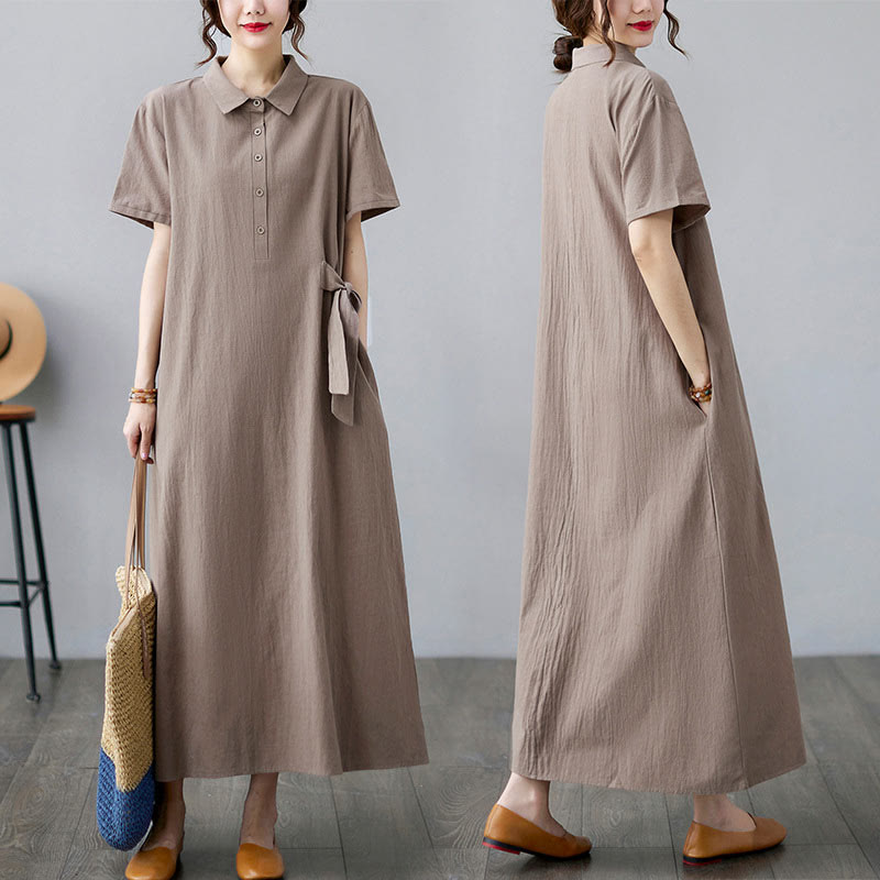 Buddha Stones Casual Plain Side Lace-Up Lapel Short Sleeve Cotton Linen Midi Dress With Pockets