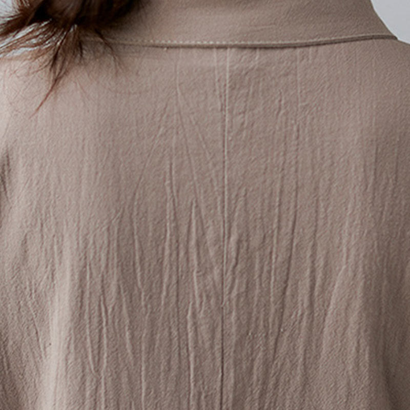 Buddha Stones Casual Plain Side Lace-Up Lapel Short Sleeve Cotton Linen Midi Dress With Pockets
